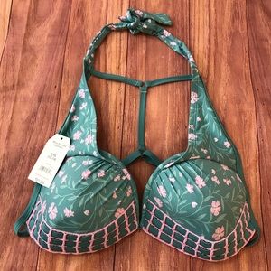 NWT Time & Tru Green w/Pink Flowers Bikini Top Lg